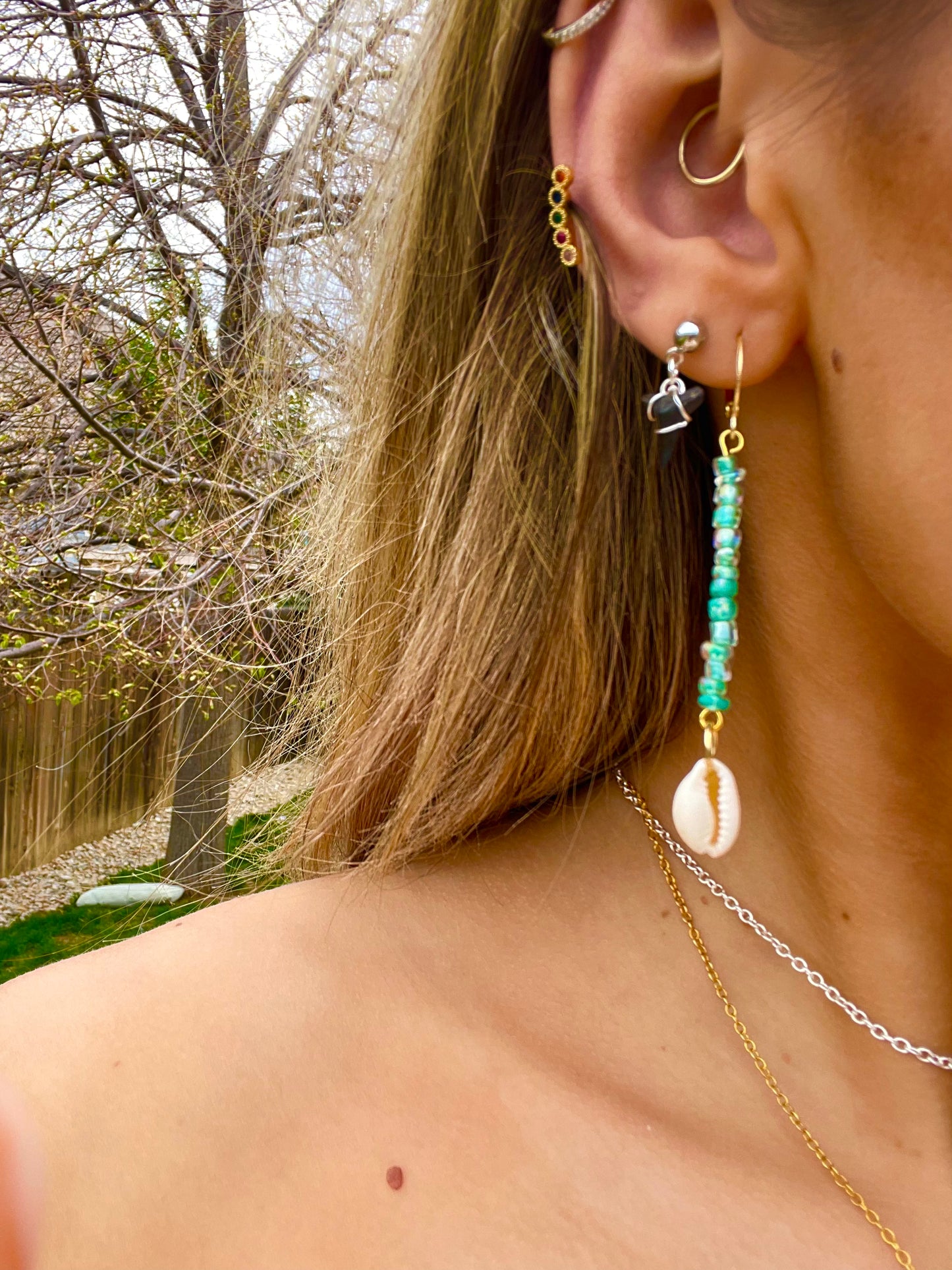 Gold and Turquoise Cowrie Shell Earrings