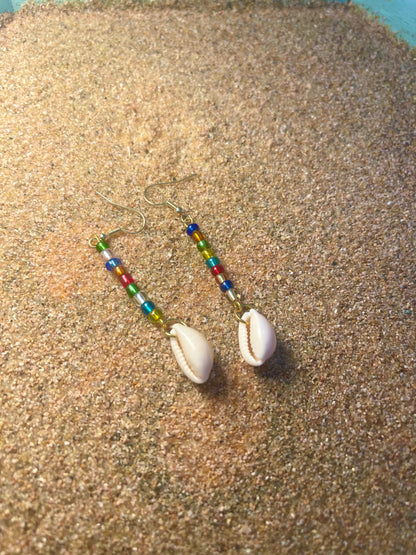 Rainbow beaded Gold Earrings with a cowrie shell