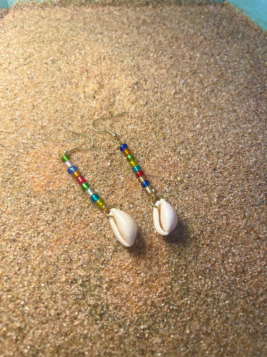 Rainbow beaded Gold Earrings with a cowrie shell