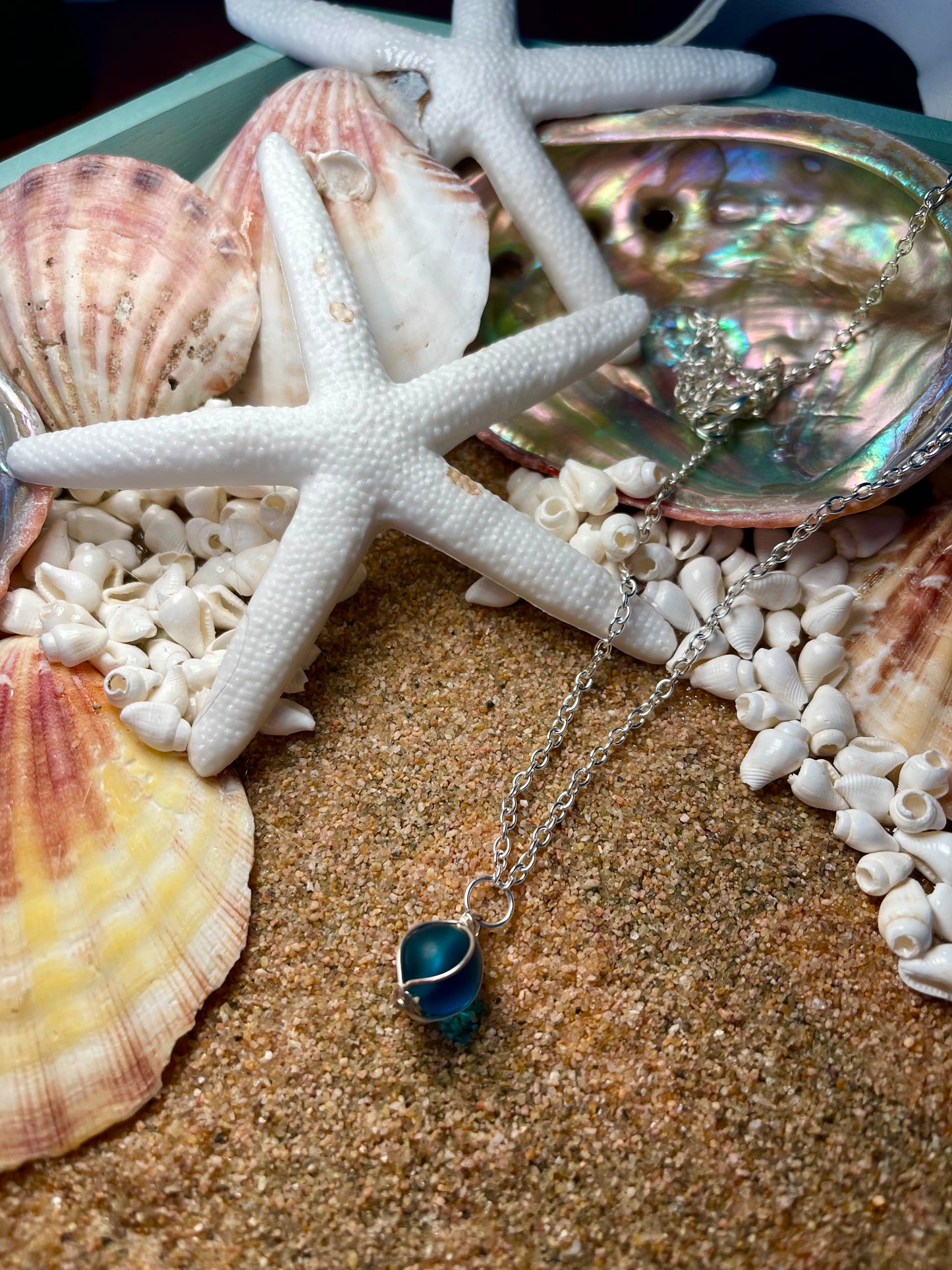 Silver Necklace with a blue sea glass pendant