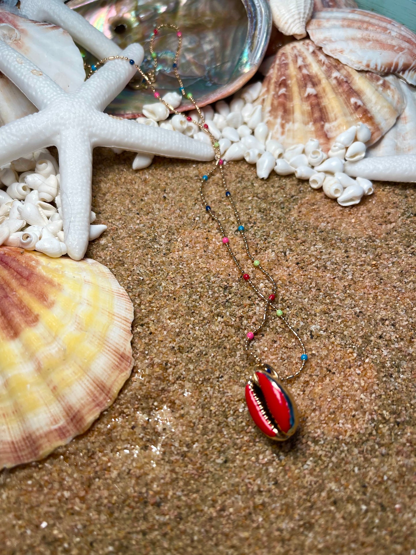 One of a kind. Gold and rainbow necklace with a Red cowrie shell