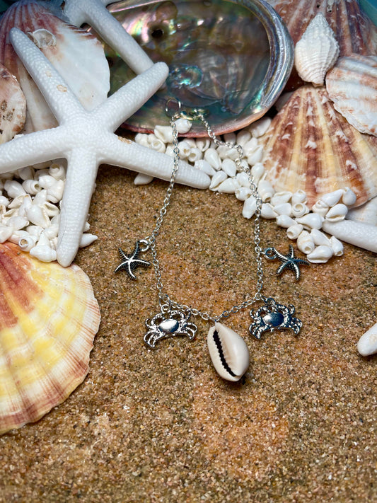 Crab and starfish silver anklet