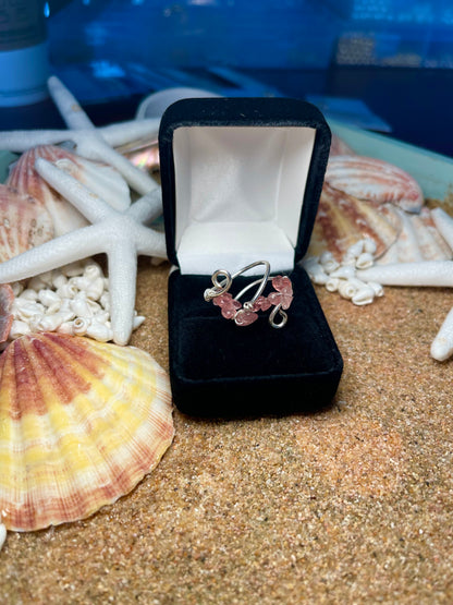 Silver spiral and light pink stones ring