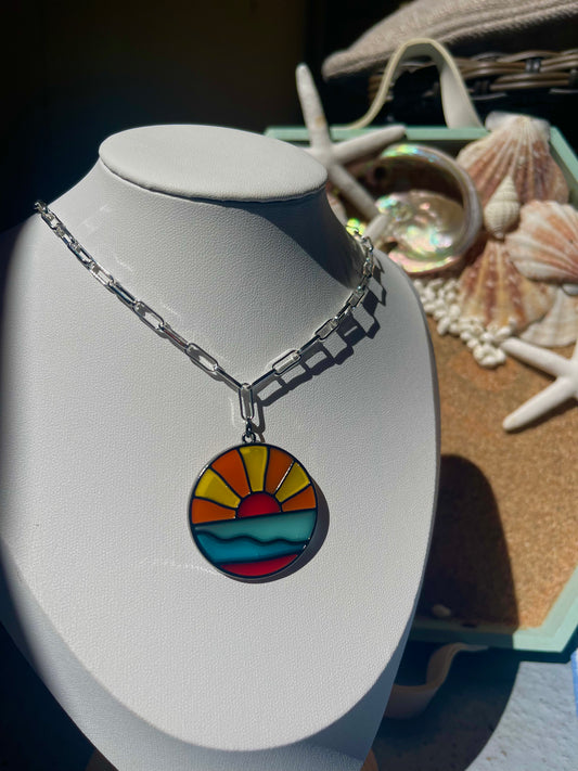 Silver stained glass sunset silver necklace