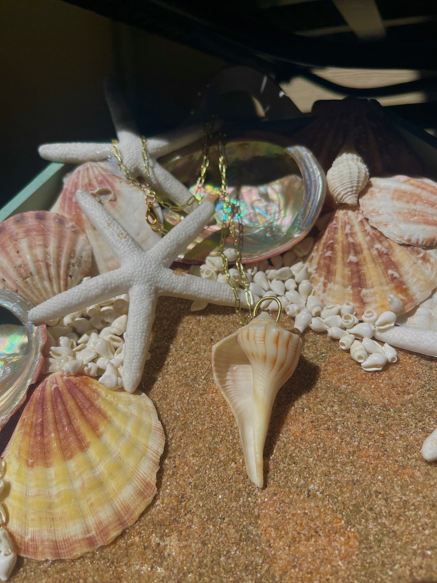 Large spiral conch shell gold necklace