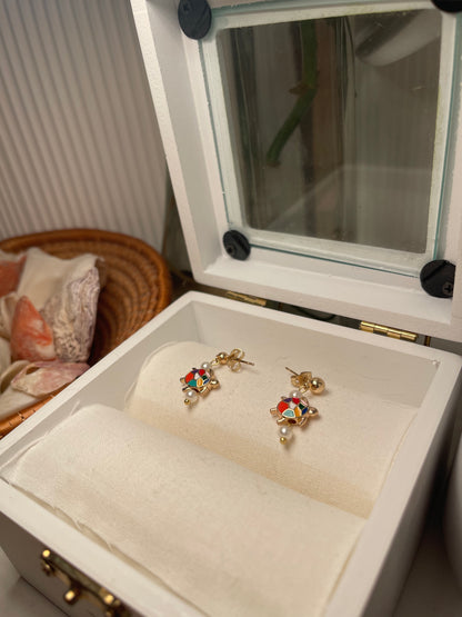 Gold Stud Earrings With Pearls, And A Colorful Turtle