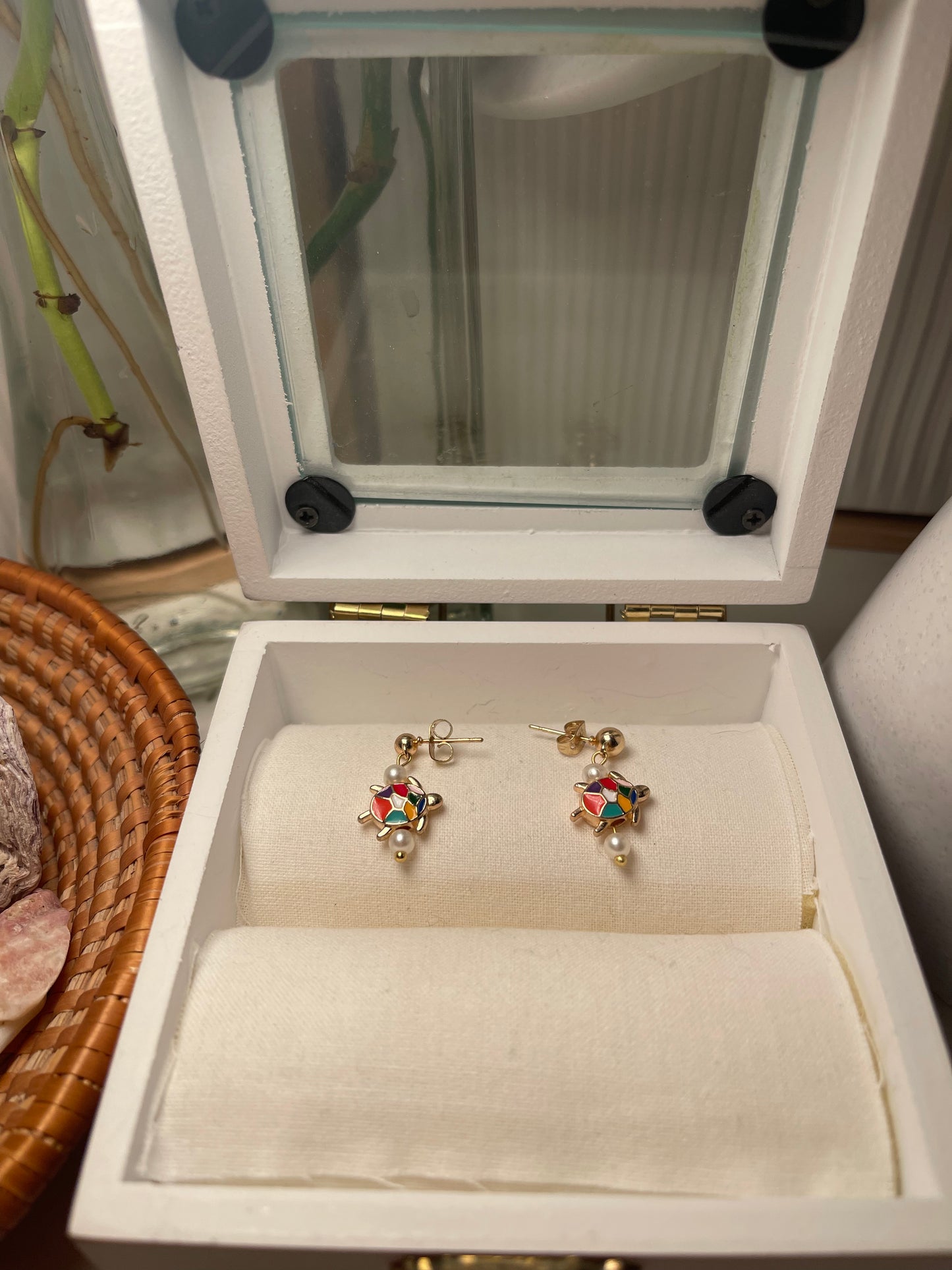 Gold Stud Earrings With Pearls, And A Colorful Turtle