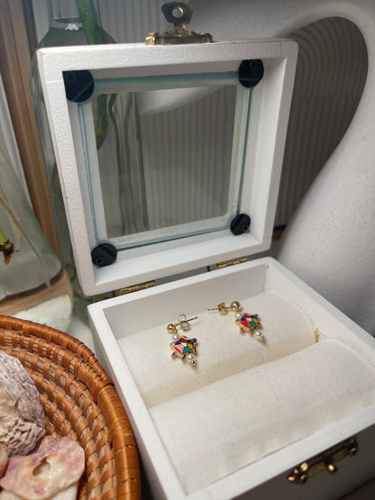 Gold Stud Earrings With Pearls, And A Colorful Turtle