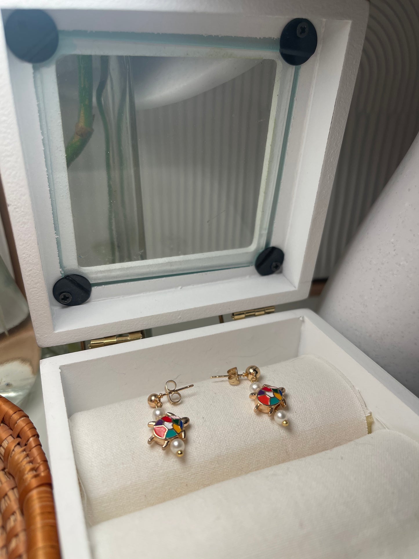 Gold Stud Earrings With Pearls, And A Colorful Turtle