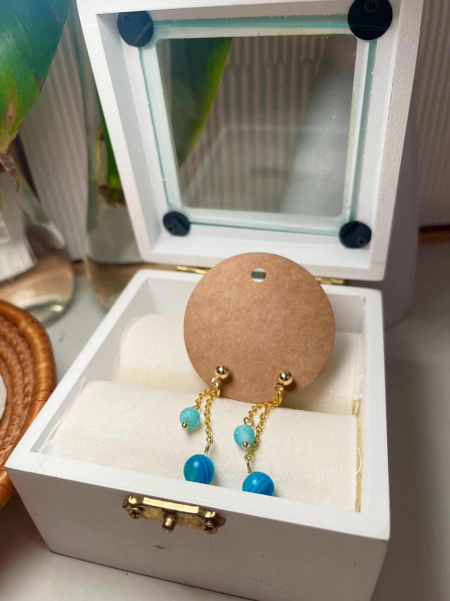 Blue, And Gold Chain Stud Earrings