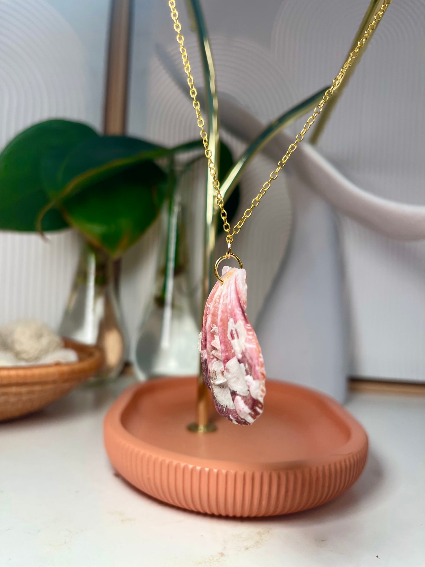 Maroon And White Cats Paw Seashell Gold Necklace