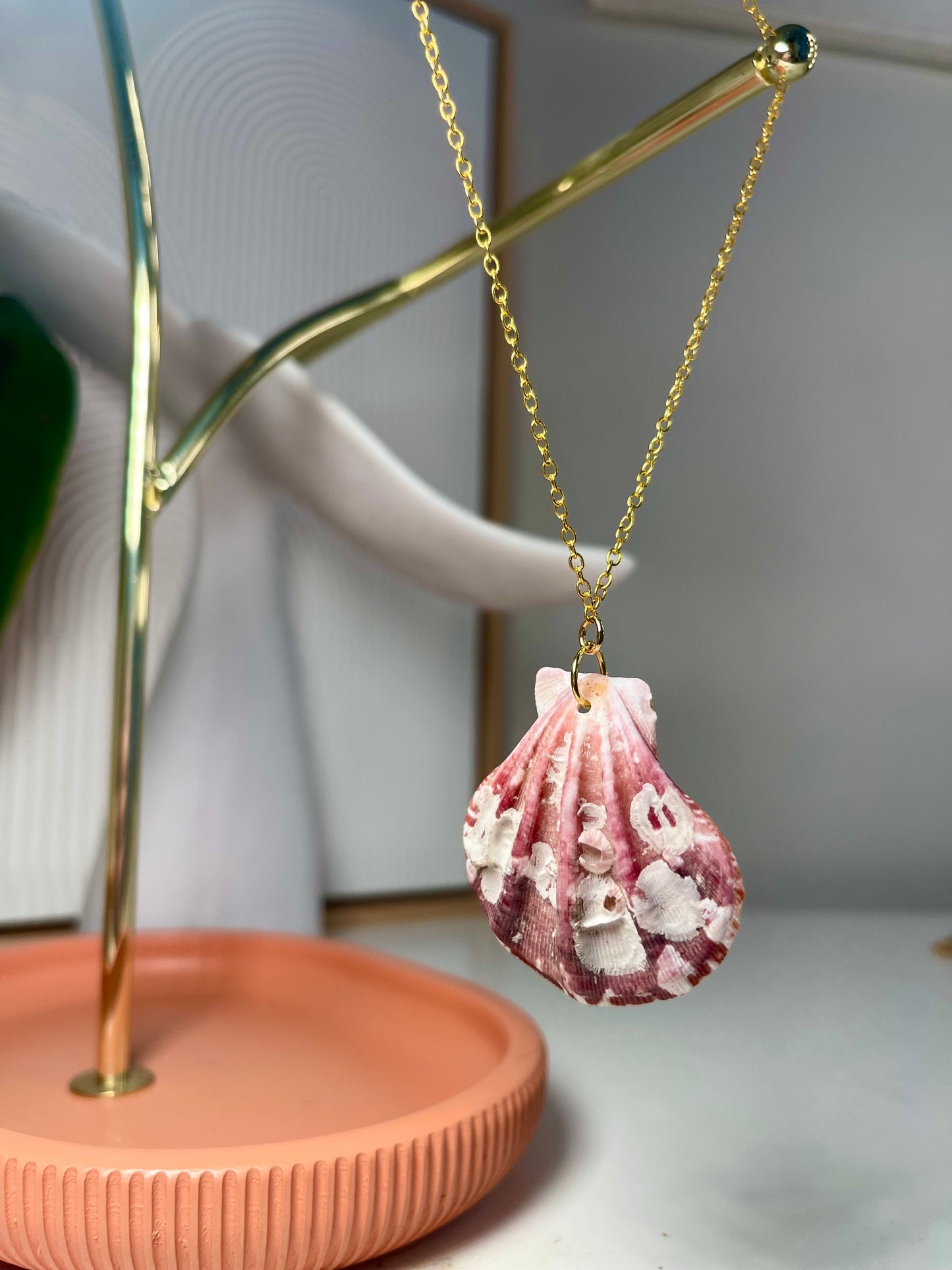 Maroon And White Cats Paw Seashell Gold Necklace