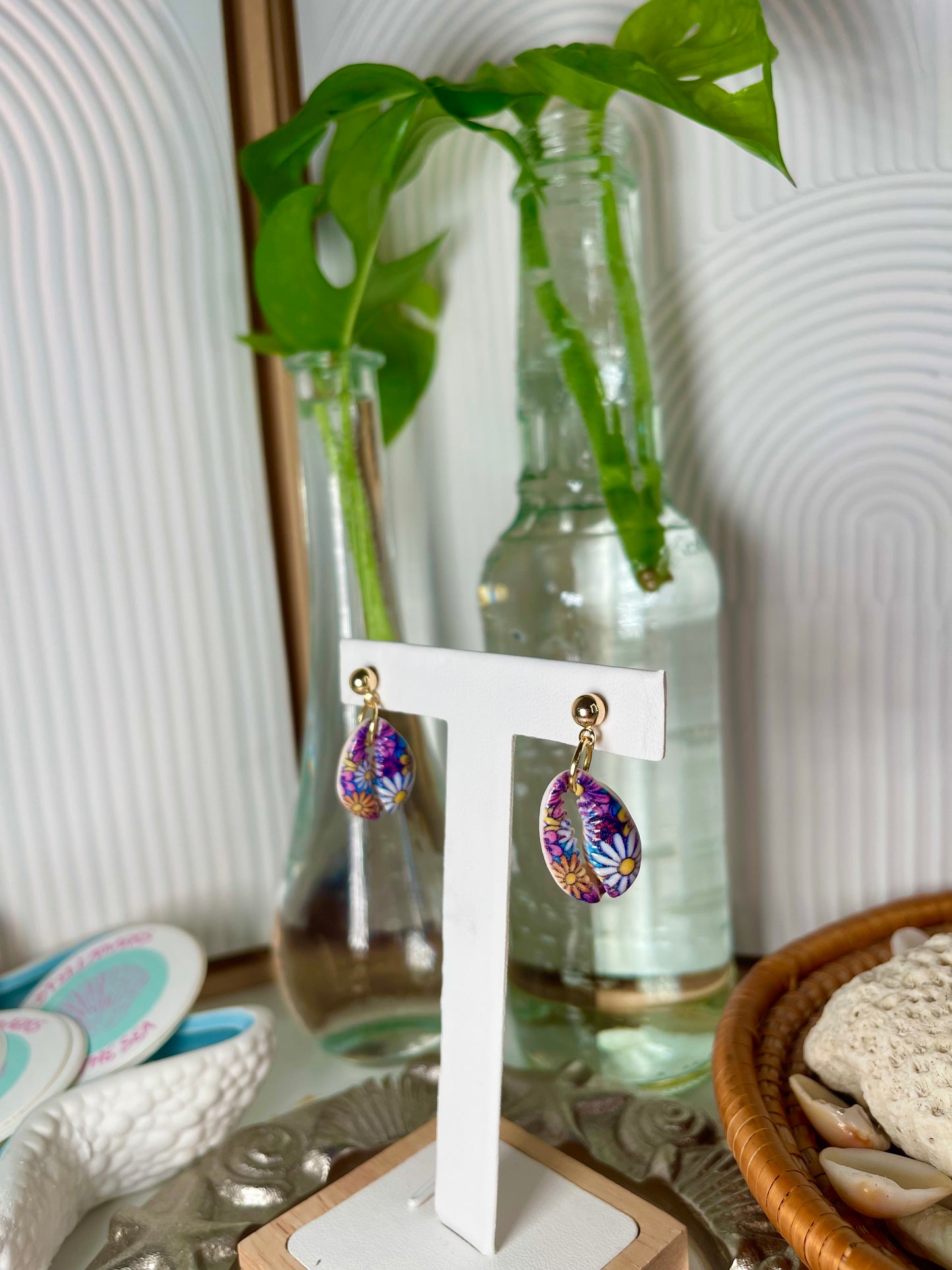 Painted Cowrie Seashell Earrings