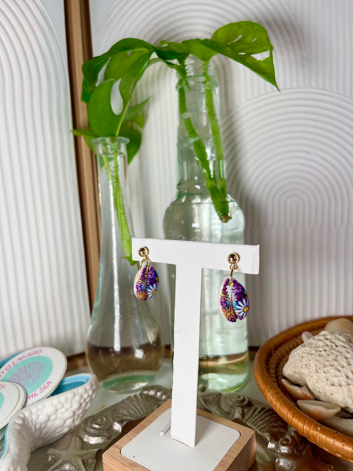 Painted Cowrie Seashell Earrings