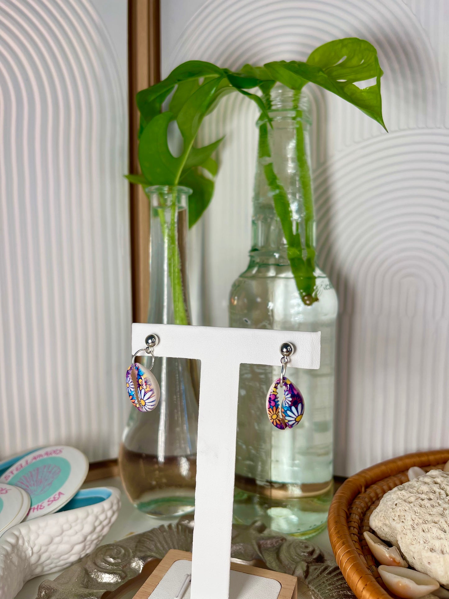 Painted Cowrie Seashell Earrings