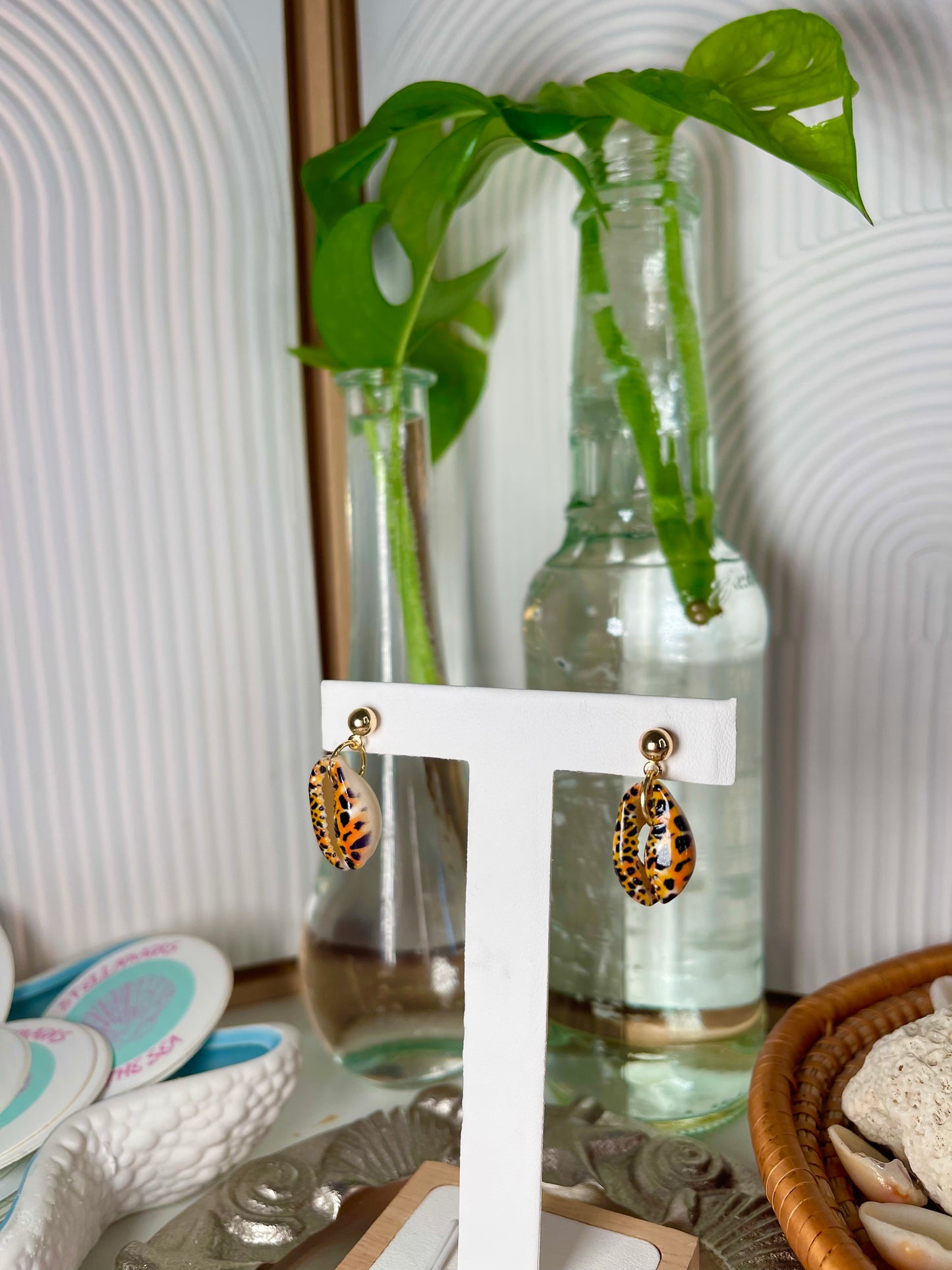 Painted Cowrie Gold Seashell Earrings