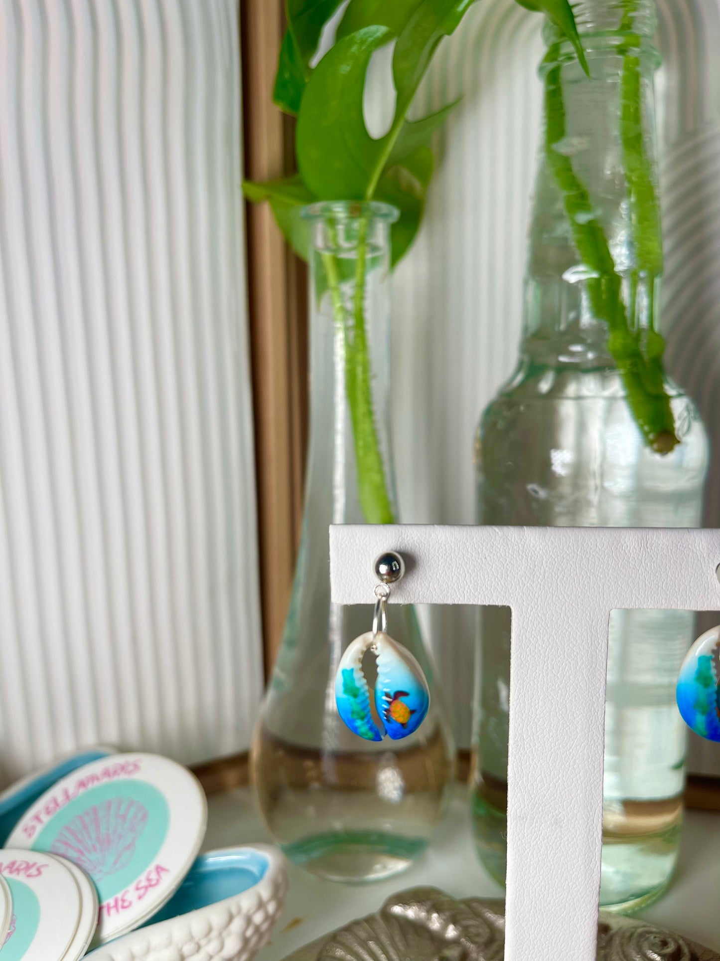 Painted Cowrie Silver Seashell Earrings