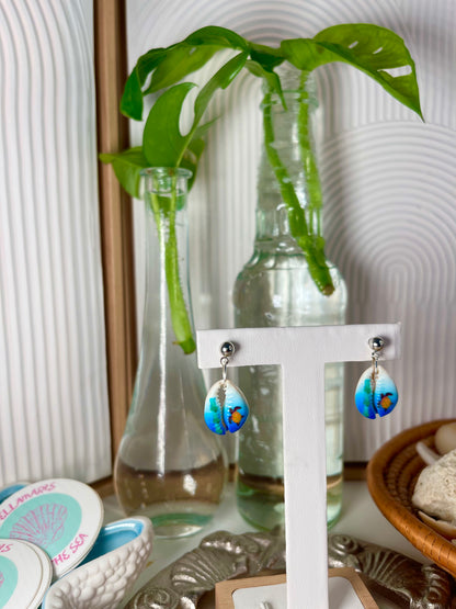 Painted Cowrie Silver Seashell Earrings