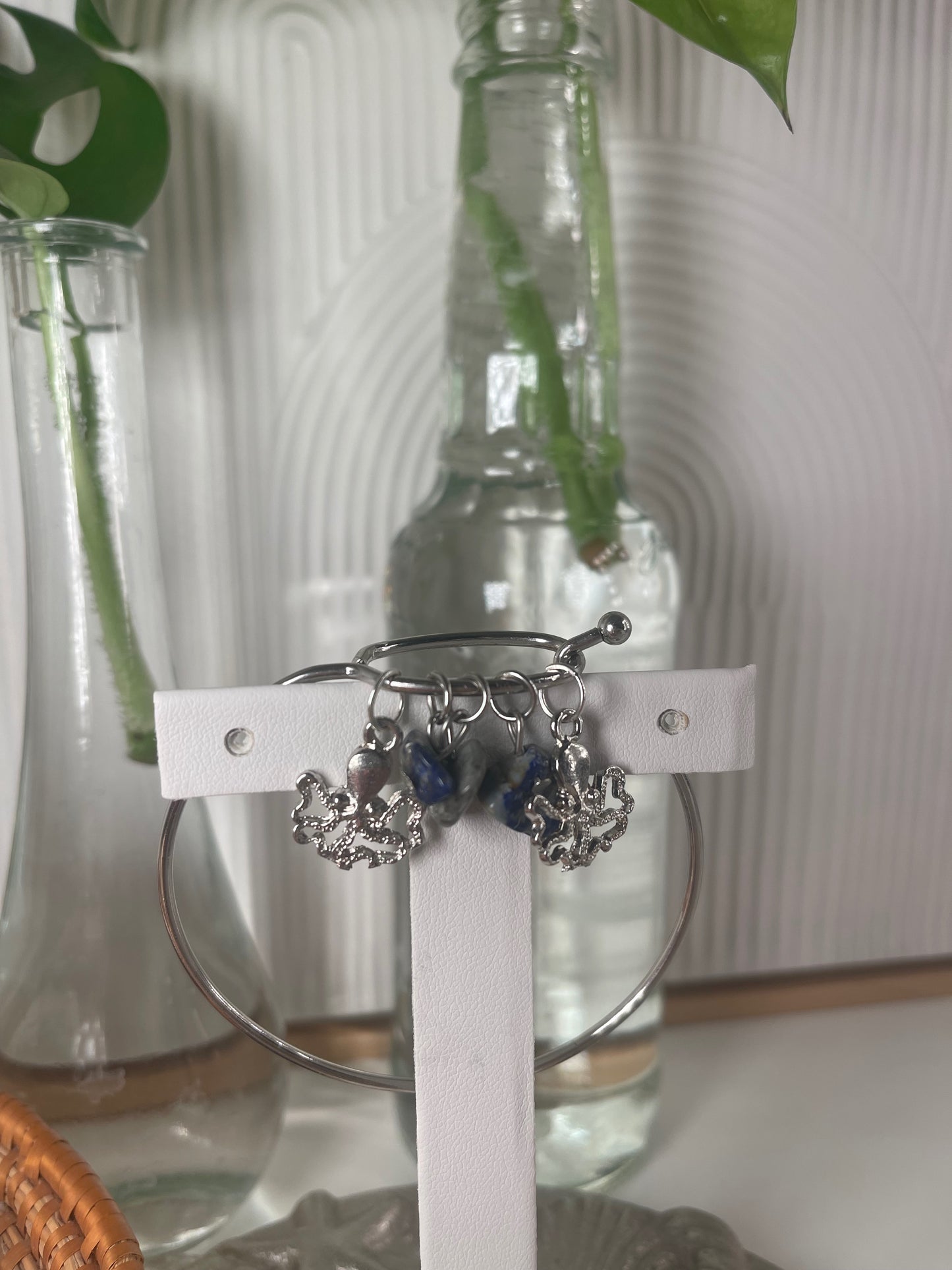 Blue Stone, and Silver Octopus Repurposed Charm Bracelet